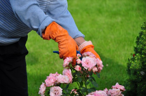 Worker wearing PPE operating garden machinery